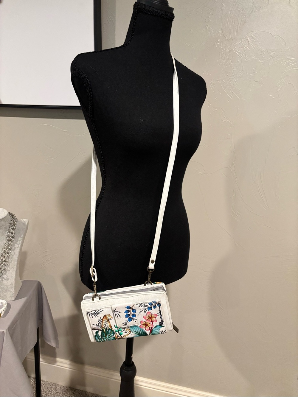Hand Painted Anuschka White Floral & Leopard Crossbody Bag - Picture 3 of 10
